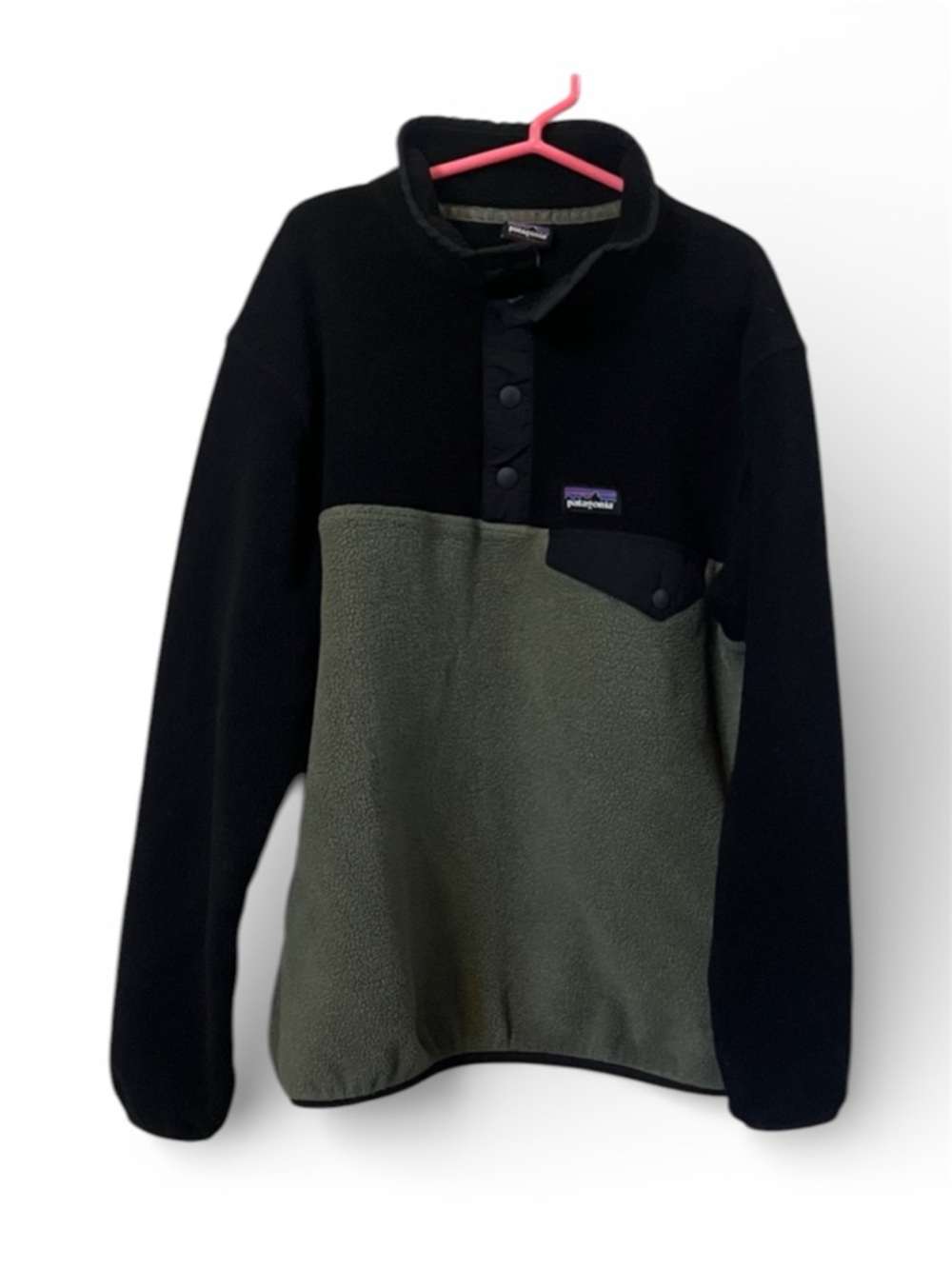 Youth Patagonia Black and Olive Green Snap Fleece Pullover
